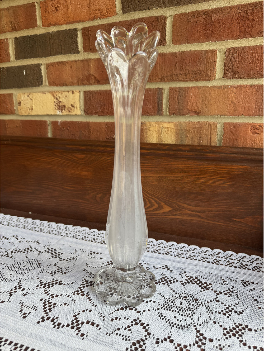Vintage Clear Swung Glass Bud Vase with Scalloped Top and Floral Base